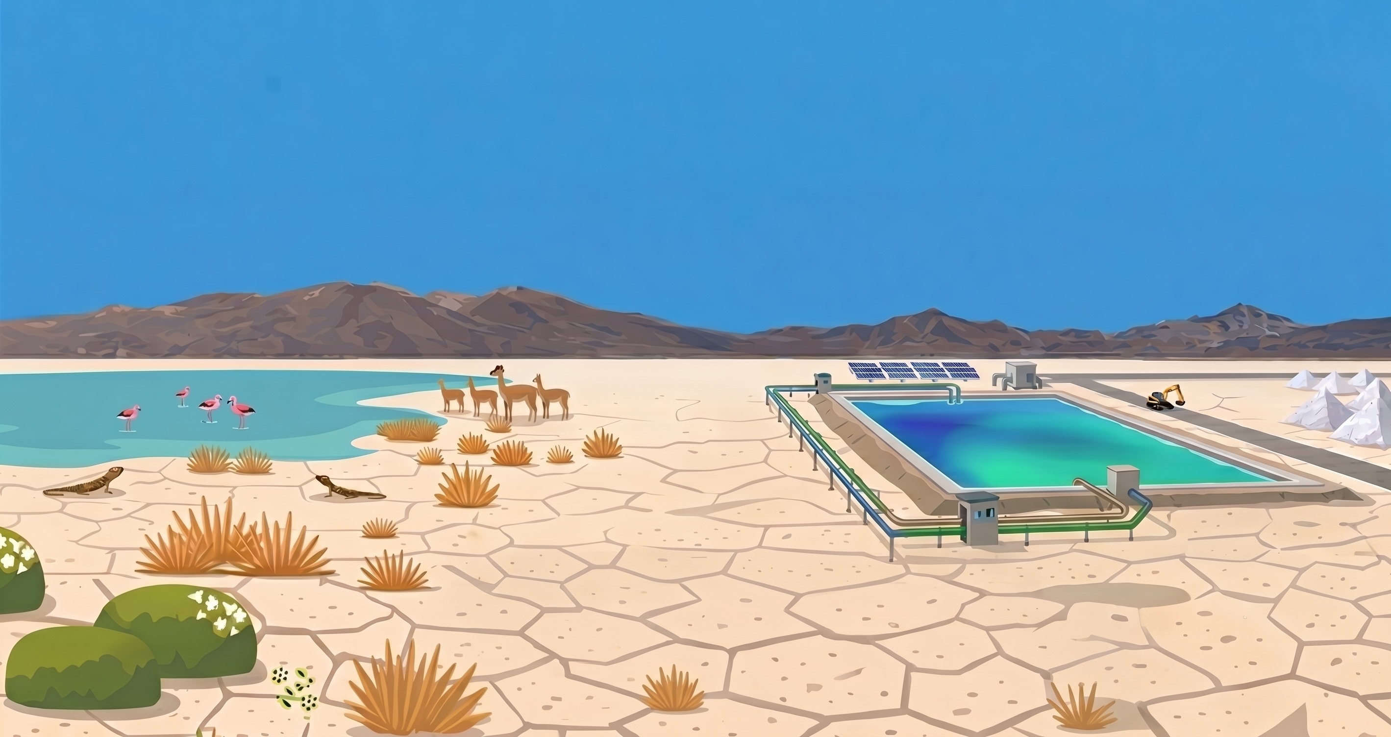 Laguna con flamencos y piscina de evaporación de litio en el salar